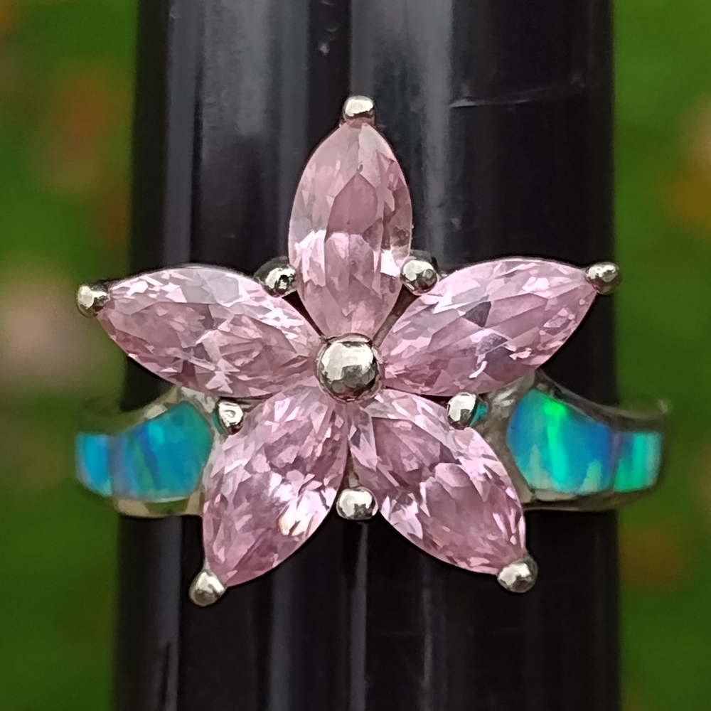 Sterling SIlver ring signed AK opal and pinkstones size 8 Fine Jewelry - Picture 7 of 9